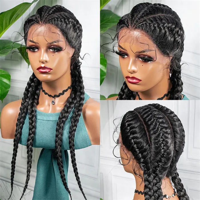 Synthetic 28 Inches Lace Front Hair Wig Black Long For African Woman Afro Frontal Cornrow Twist Boxing Braided Wigs