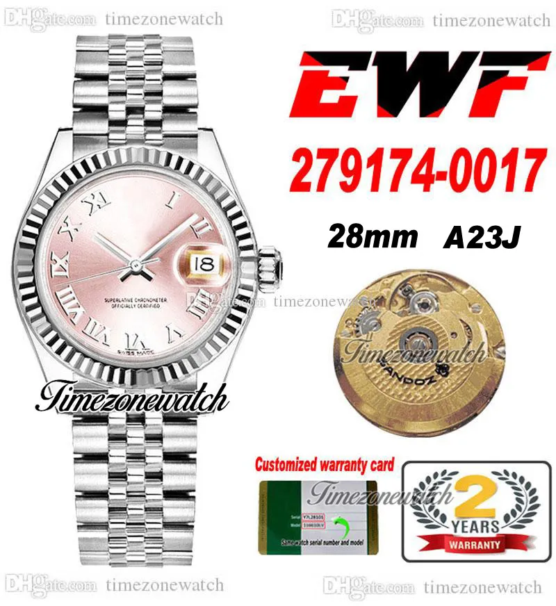 EWF 28 279174 0017 A23j Automatic Womens Ladies Watch Fluted Bezel Pink Dial Silver Roman JubileeSteel Bracelet With Same Serial Card Super Edition