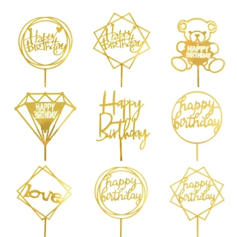 Happy Birthday Cake Topper Acrilico Oro Argento Bandiera Cupcake Per Boy Girl Decorazioni per feste Forniture di nozze Y200618