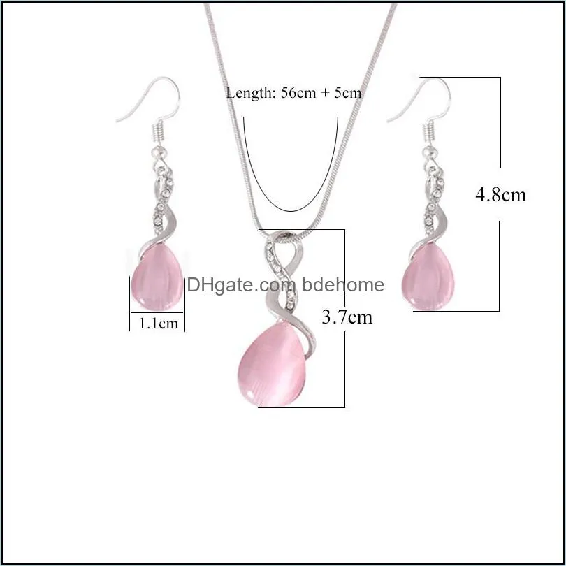 fashion pink opal necklace pendant teardropshaped charm statement jewelry set for women rhinestone infinite necklaces