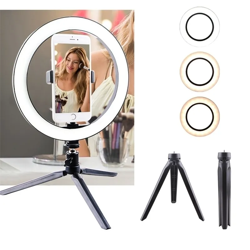 12W POXHE LED Selfie Ring Light 260mm Lâmpada de telefonia de câmera diminuído com tabela Tripods Holder Y200114