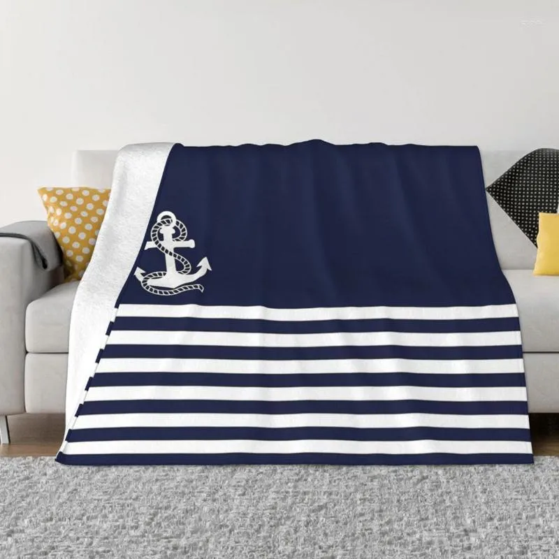 Blankets Nautical Navy Blue Stripes And White Anchor Fleece Multi-function Soft Throw Blanket For Home Bedroom BedspreadBlankets