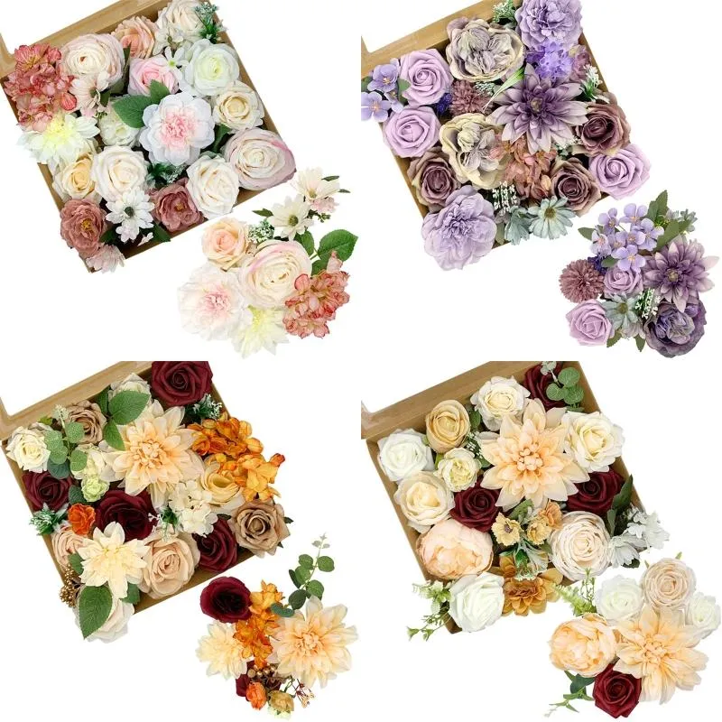 Couronnes de fleurs décoratives boîte-cadeau de fleurs artificielles avec arrangement de feuilles boîtes florales pour bricolage Bouquets de mariage décor de douche nuptiale