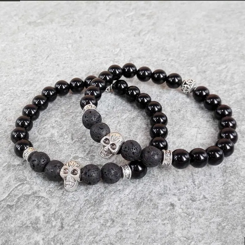 Brins de perles Design de détail Bijoux de yoga Onyx noir avec bracelets de perles de pierre de lave Crâne élastique pour cadeau pour homme M-L345Perlé Lars22