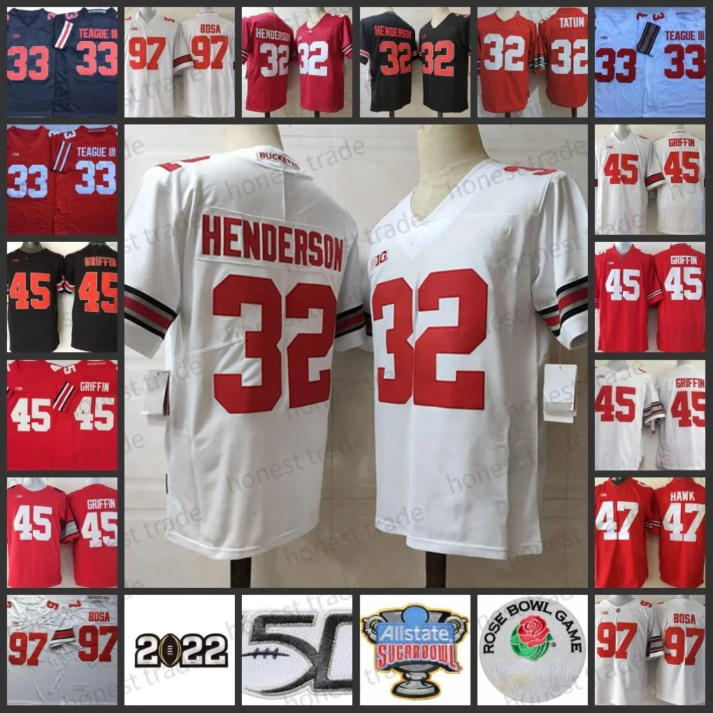 97 Nick Bosa Futbol Forması Ohio State 45 Archie Griffin 32 Jack Tatum 32 Treveyon Henderson Jersey 33 Master Teague III 47 A.J. Şahin dikişli kırmızı formalar