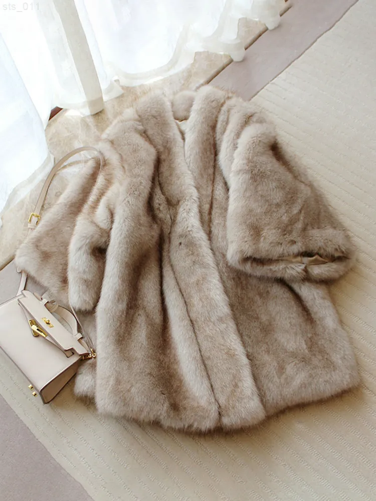 Lautaro Winter Thickened Warm Hairy Soft Warm Faux Fur Coat with 3/4 Sleeve Deep V Neck Luxury Elegant Classy Fluffy Jacket 2022 T220716