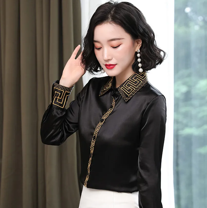 2023 Camicia Di Seta Nera Con Ricamo Vintage Da Donna Camicetta A Maniche Lunghe Con Bottoni Sul Davanti Camicette Da Ufficio Con Colletto Rovesciato Da Donna Camicie Casual Stile Coreano Top Da
