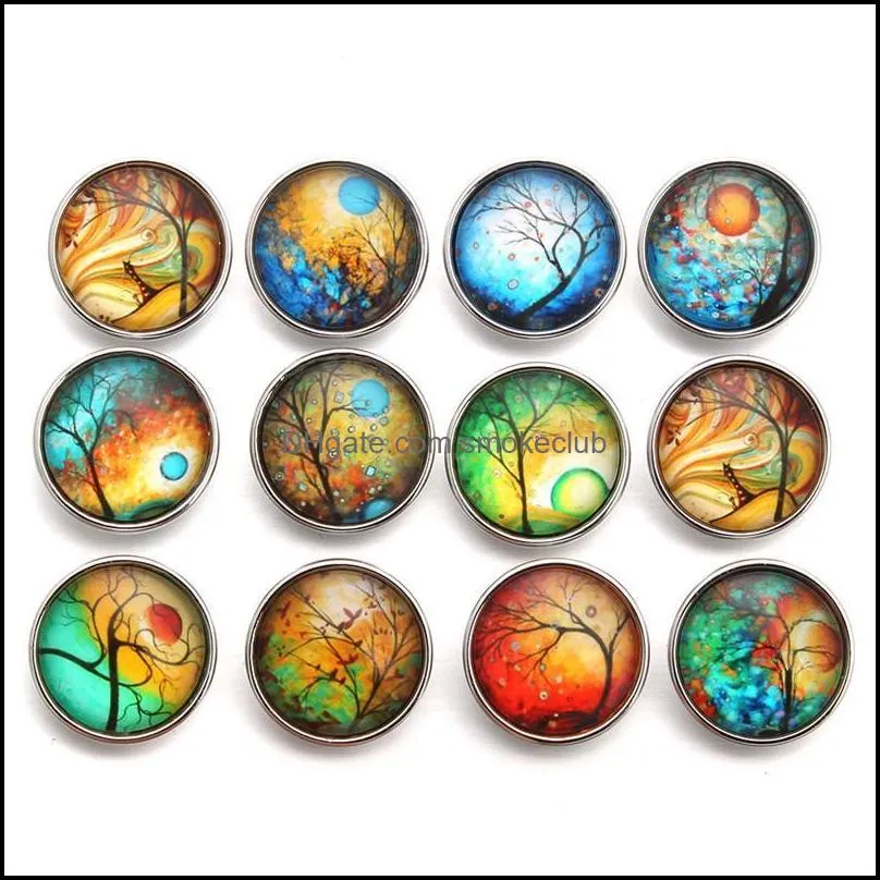 10pcs/lot Fixed Mixed Printing Tree Pattern Glass 18mm Snap Buttons Diy Findings Fit Handmade Bracelet jllixq