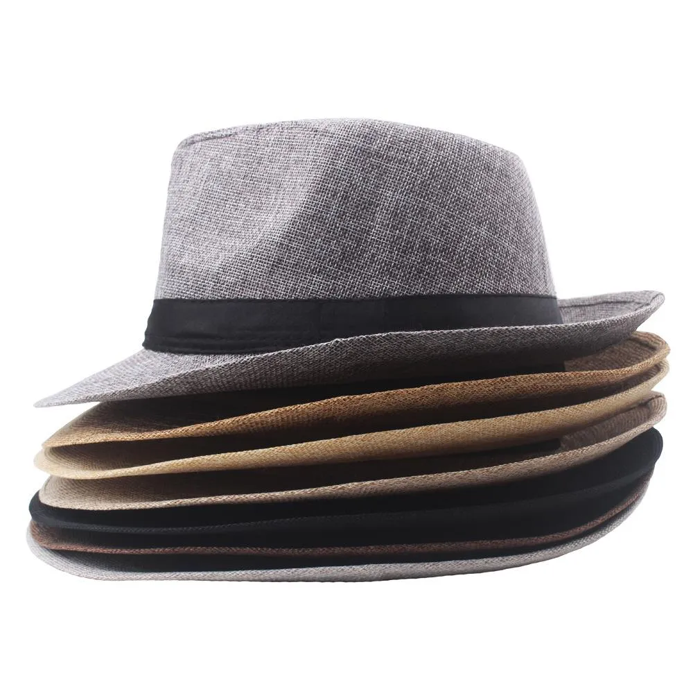 القبعات القش المتوسطة للرجال تنفس واسعة الحافة صيف موسيقى الجاز قبعة السادة فيدورا كاب كلاسيك شمس تظليل قبعة