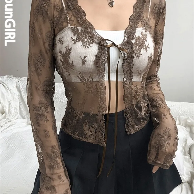 Heyoungirl White Lace Sexy Mesh Croped T Shirt Ladies Autumn Grunge Gothic T Shirt Women See Through Long Sleeve Tee Shirts 220407