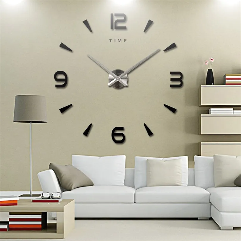 Grande horloge murale Quartz 3D DIY Big Cuisine décorative Horloges Acrylique Miroir Autocollants Oversize Horloge murale Accueil Lettre Home Decor 201202