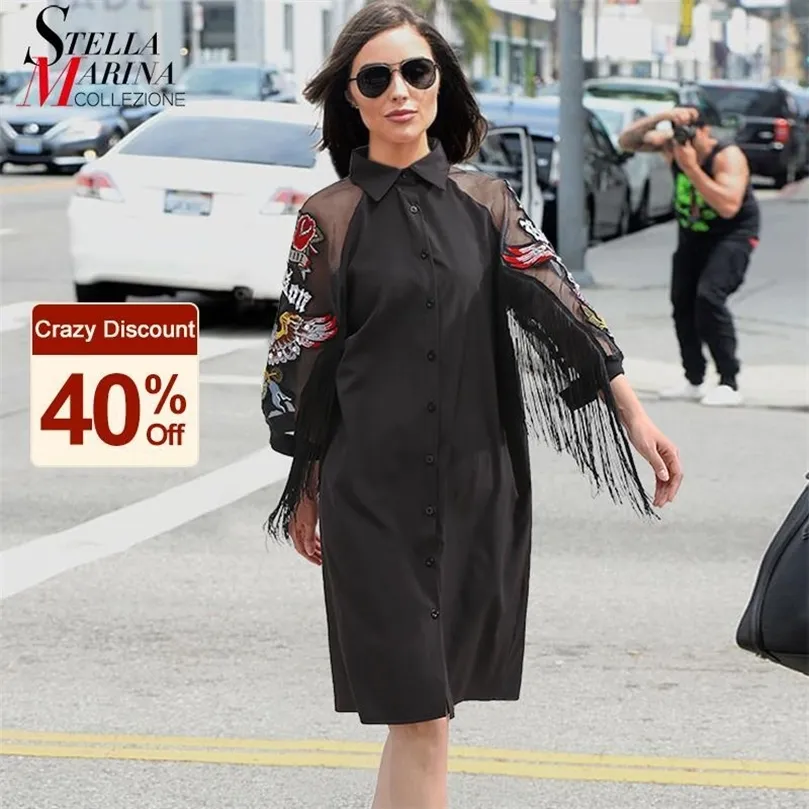 New Woman Plus Size Black Casual Shirt Dress 3 4 Mesh Sleeves Eagle Embroidery Fringe Ladies Midi Straight Party Dress Robe 3398 210322