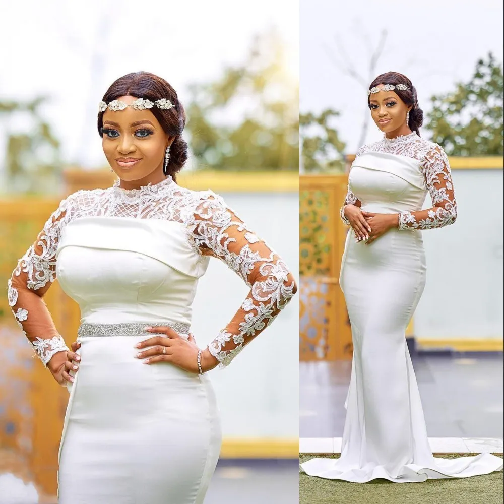 2022 Simple Plus Size Arabic Aso Ebi sjöjungfru bröllopsklänningar Långa ärmar Spetsapplikationer Bälte Sashes Bridal Dress High Neck Illusion Brudklänningar