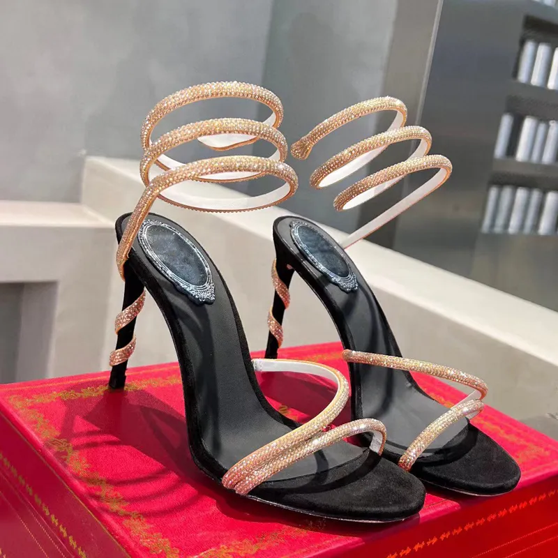 Mode Ontwerper Stijl Dames Sandalen Sexy Open Teen Enkelbandje Hoge Hakken Rose Goud Snake Wrap Strass Hoge Hak Sandalen Zomer Topkwaliteit Stiletto 35-41