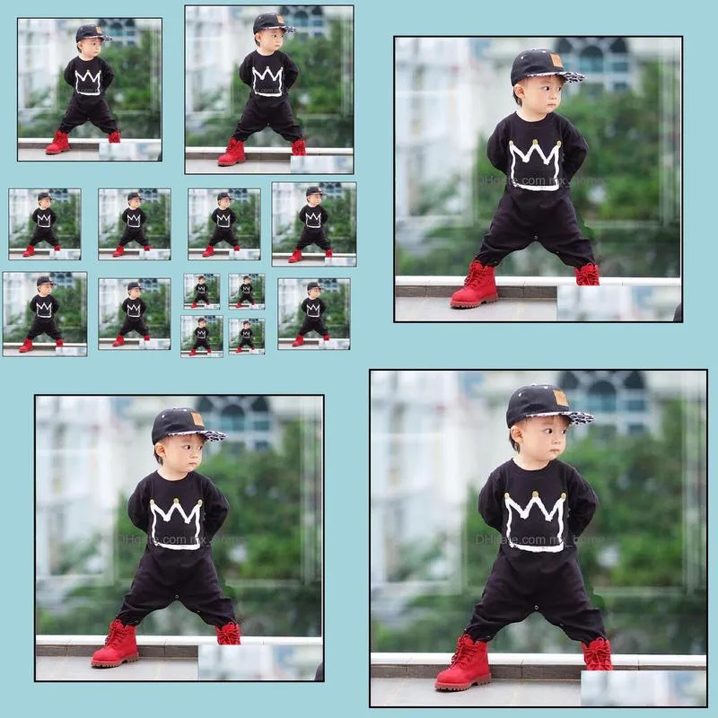 spring baby crown one-piece rompers infant boys long sleeve cotton jumpsuits kids black romper bodysuits children climb clothing 901