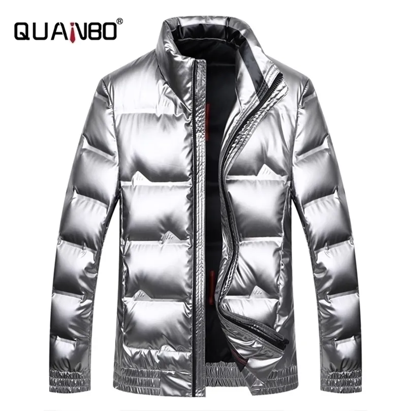 Quanbo Silver Shiny Men's Winter Coat Fashion Stand Collar Warm Thicken White Duck Down Short White Puffer Jacket Men Parka 201127