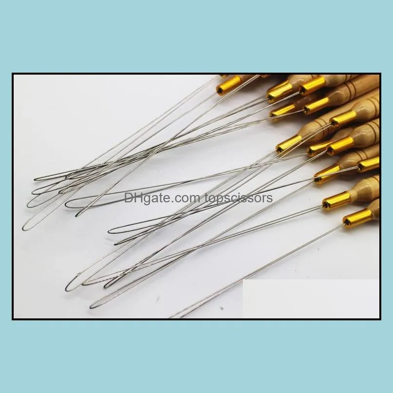 Wooden Handle Pulling Needles for Micro Rings/Loop beaded Hair Extensions Iron Wire Threader Hook Pulling Hair Extension Tools