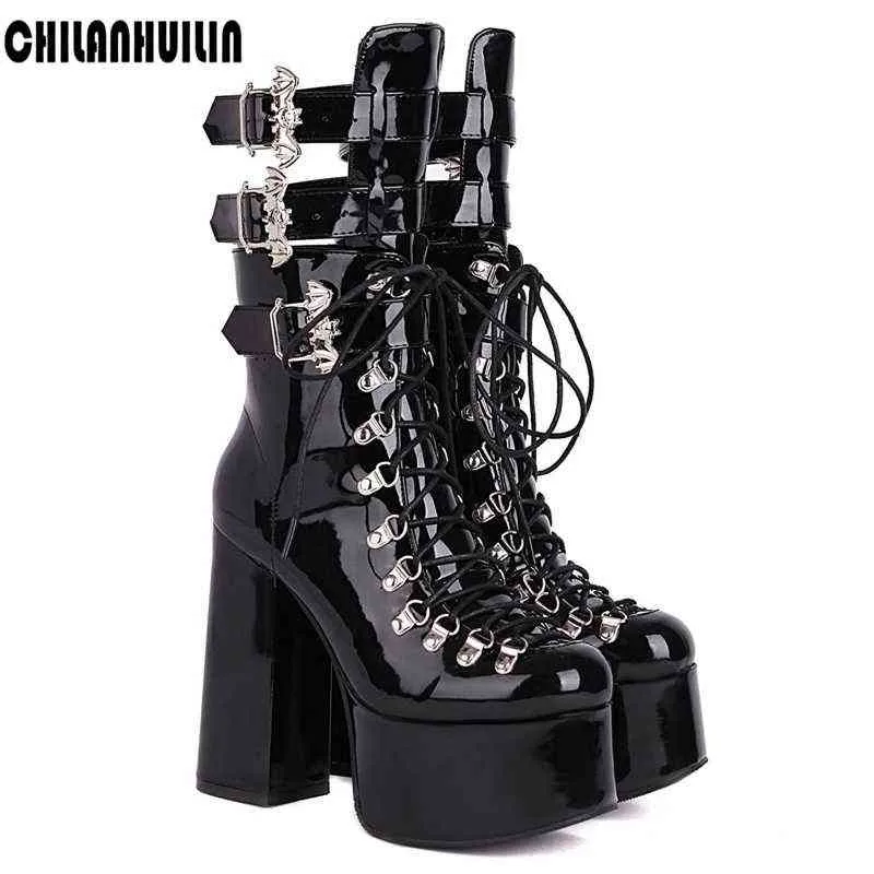 Boot Classic Buckle Punk Riding Black MicroFiber Shoe Dames enkel Herfst Winter Warm Dikke Hoge Heel Platform 220805