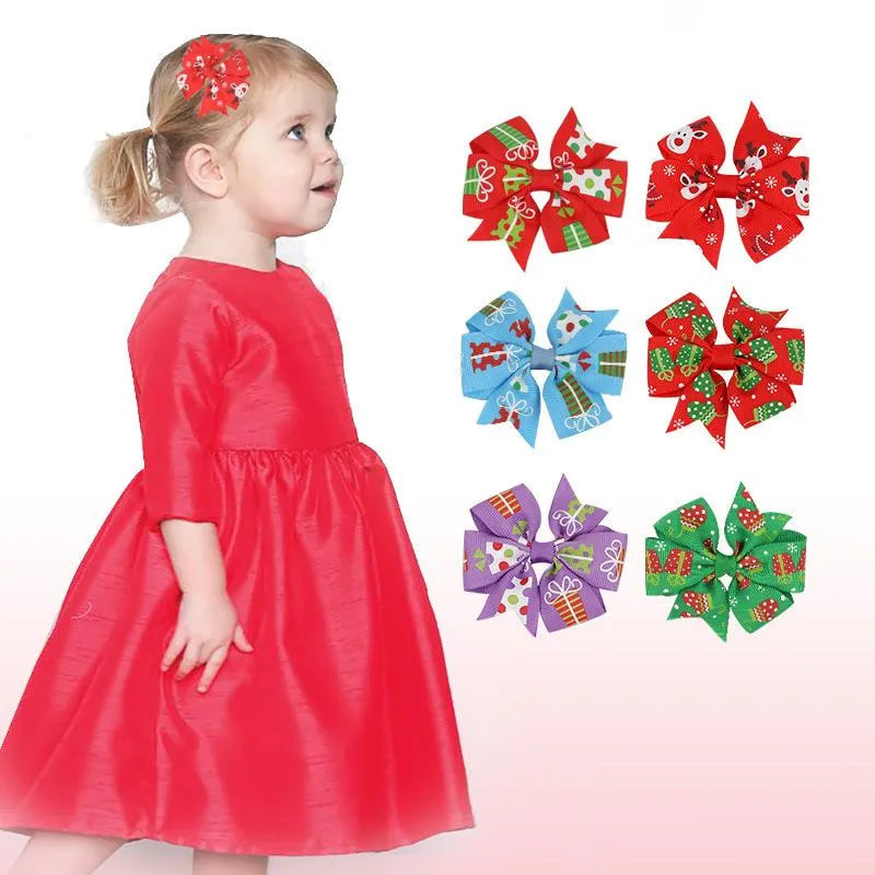 Baby Girls Cabelo Grampo Christmas Barrette Fita Bowknot Hairclip xadrez Elk Santa Imprimir Low Laço Hairpin Acessório de Cabelo Xmas