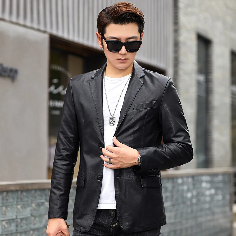 Hommes veste de costume en cuir coupe ajustée manteau court hommes mode cuir Streetwear jolie pochette vestes vêtement d'extérieur pour homme jeune homme