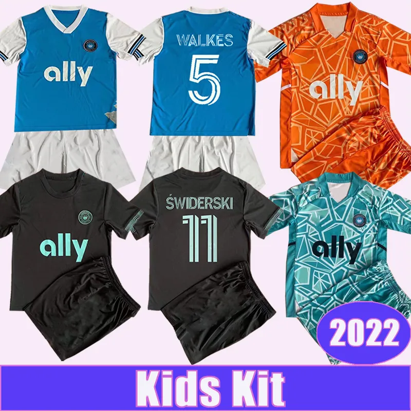 2022 Charlotte FC Swiderski Kids Kit Kit Soccer Jerseys Fuchs Bender Ortiz alcivar Ruiz Walkes Home Away Awofery Shirt Armor Child Sleeve