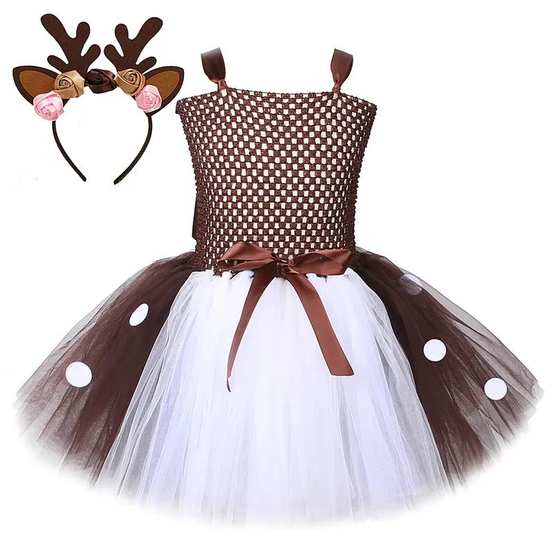 Herten Tutu Jurk voor Baby Meisjes Halloween Kostuums Kids Girl Rendier Jurken met Bloem Hoofdband Toddler Dier Outfits Kleding 220423