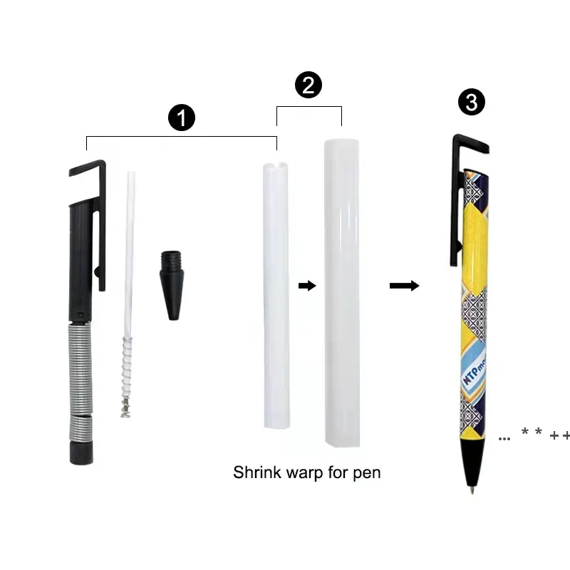Pen sur le stylo à bille en gros pour sublimation Blank Ballpen Shrink Warp Phone Stand Pens Promotion Bureau scolaire Écriture Supplies GCE13542