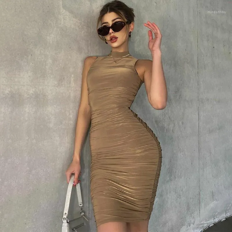 Casual Dresses 2022 Summer Half High Collar Sleeveless Bodycon Tank Dress Women Outfits Clubwear Party Urban Mini Femme