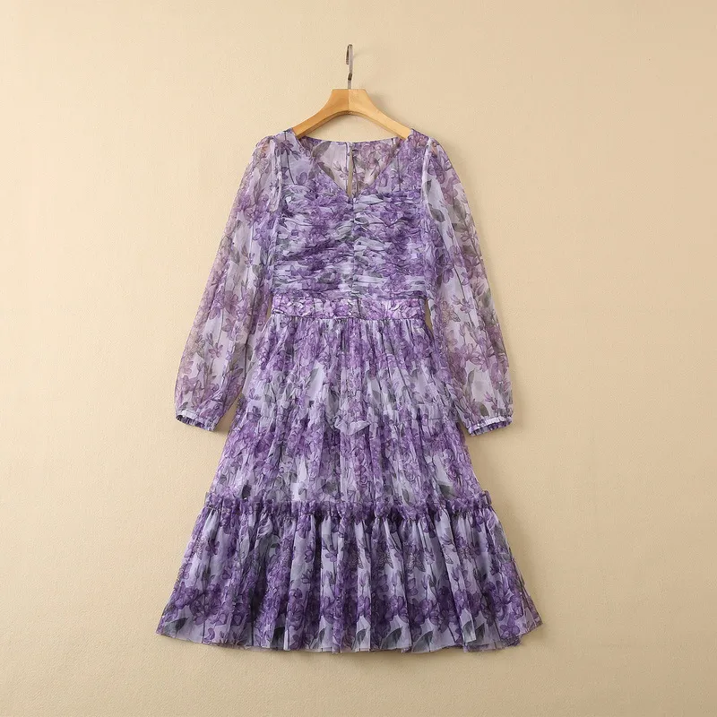 2022 Autumn V Neck Sheer Tulle Floral Dress Romantic Purple Long Sleeve Ruched Kne Length Dresses 22G210040