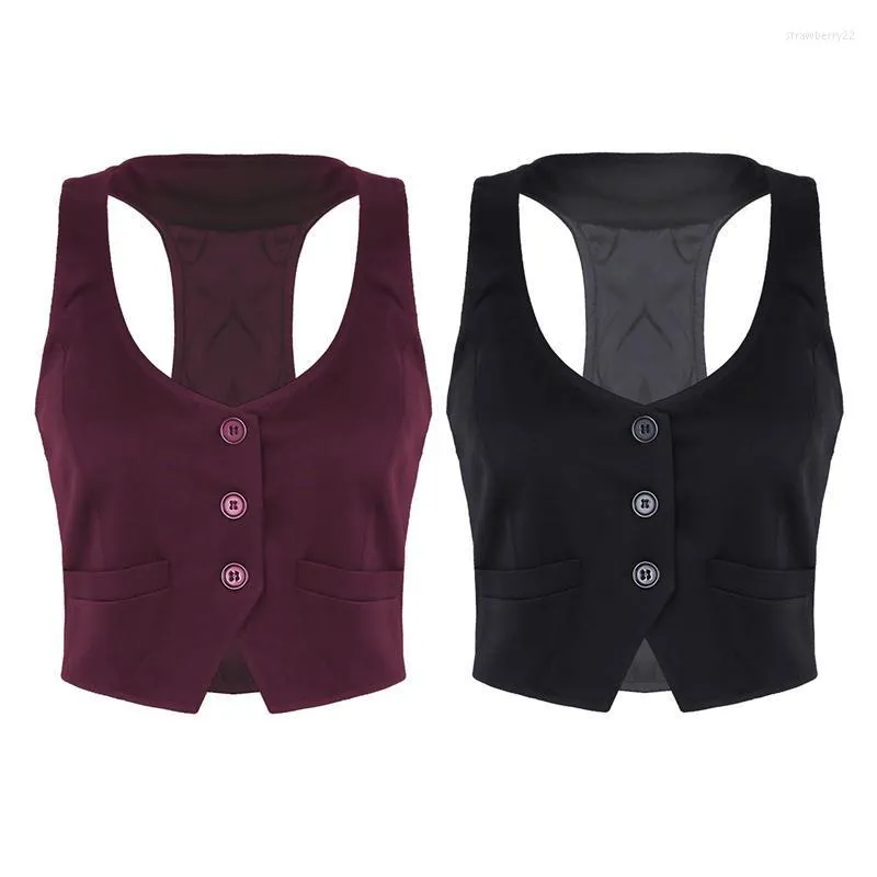 Women's Vests Women Autumn Spring V-Neck Button Down Fitted Racer Back Classic Vest Waistcoat Lady Office Wear Short Shirts Stra22
