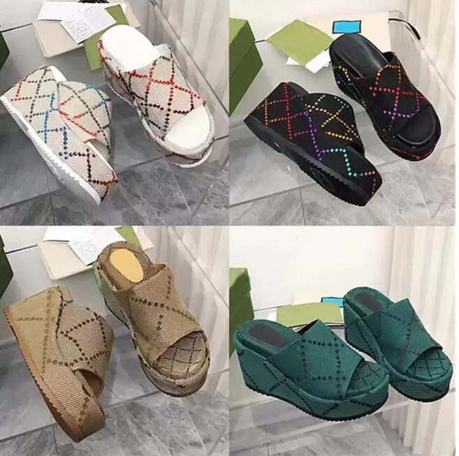 2022 Designer G Sandales Hommes Femmes Pantoufles Plateforme Brodée Talons Hauts Tongs Mode Diapositives En Caoutchouc Bordeaux Impression Tissu Sandale Taille 35 -43
