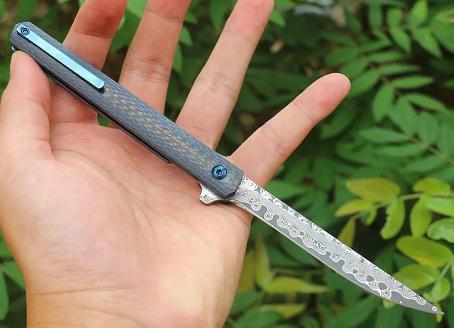 Coltello tascabile Flipper di alta qualità VG10 Lama Drop Point in acciaio di Damasco G10 + Manico in fibra di carbonio Cuscinetto a sfere Coltelli pieghevoli ad apertura rapida