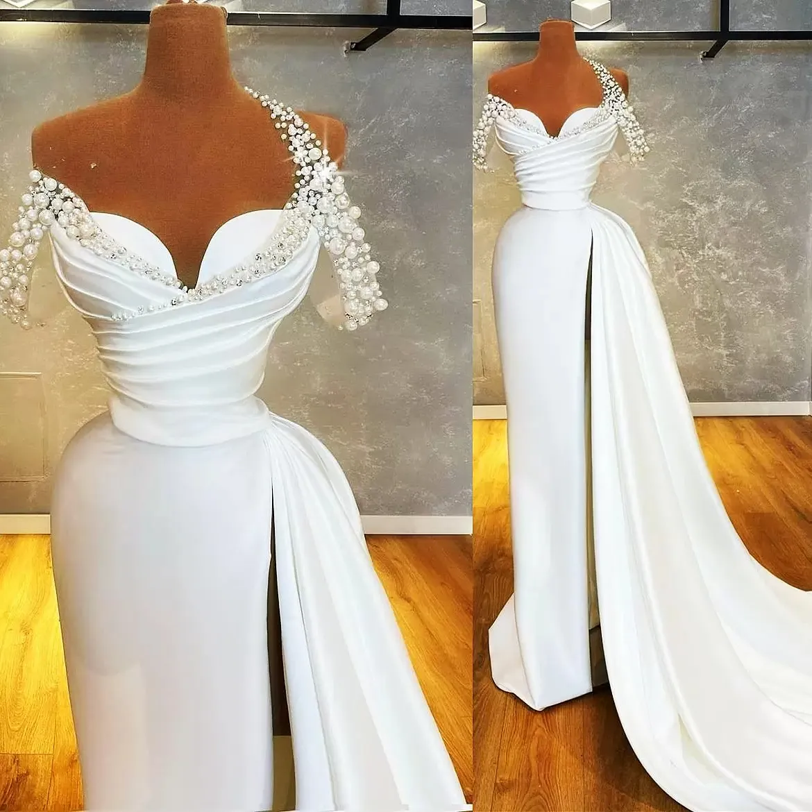 2022 Elegante Dubai Arabische Aso Ebi Sexy Pearls Plus size prom jurk avondjurken Spaghetti High Side Split Satin Sweetheart Sweep Train Formele jurken Custom B0512