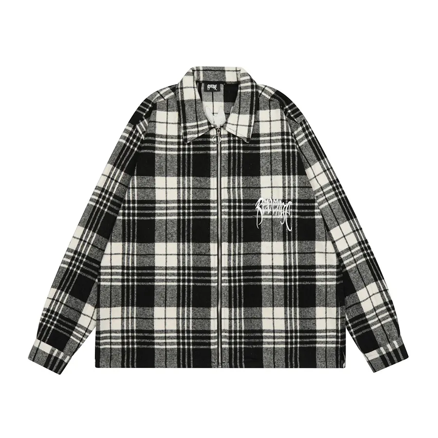 Black Plaid Jacket Coat Men Zip Flannel Embroidery Shirts coats High Quality Men's Hip Hop Tops