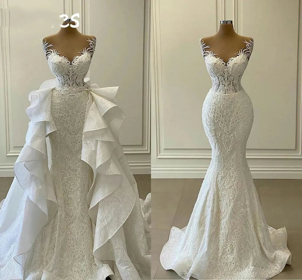 Lace Mermaid Trouwjurken met afneembare trein Saoedi -Arabië Dubai Sheer Neck Birts Bridale Jurken Vintage Plus Size Second Reception Dress Vestidos