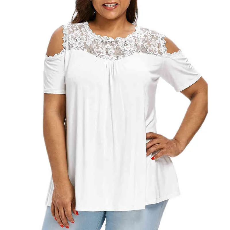 S-XL Summer Blouses Womens Fashion Lace Patchwork Cold Shoulder Shirts Casual Strapless Short Sleeve O Neck Tops blusas mujer L220705