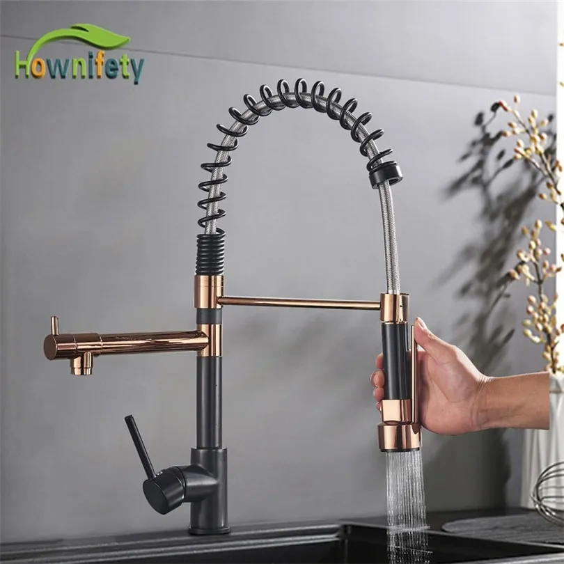popular Kitchen Spring Sink faucet Rose Gold color new matching hot cold bath mixer tap modern free rotation pull down spout T200424