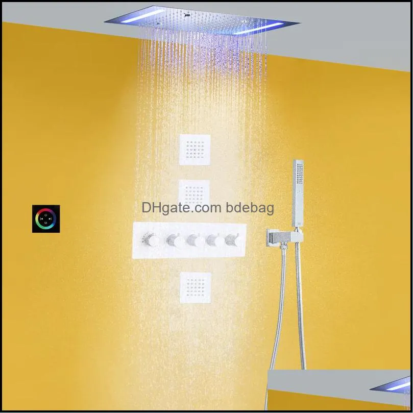 Ensemble thermostatique 14 x 20 pouces Rec grand pommeau de douche de salle de bain en acier inoxydable atomiseur pluie panneau led laiton chromé Mes pulvérisateur corps goutte D