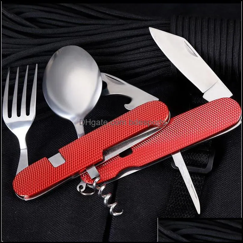 Multifunctional Folding Knife Dinnerware Sets Portable Combination Folding Cutlery Keychain Pendant Outdoor Camping Tools 5 Colors
