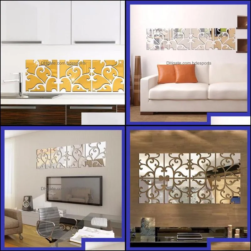 32 pcs/set 3D DIY Acrylic Mirror Wall Stickers Modern Design Home Decoration Mirror Wall Sticker vinilos paredes Silver Gold