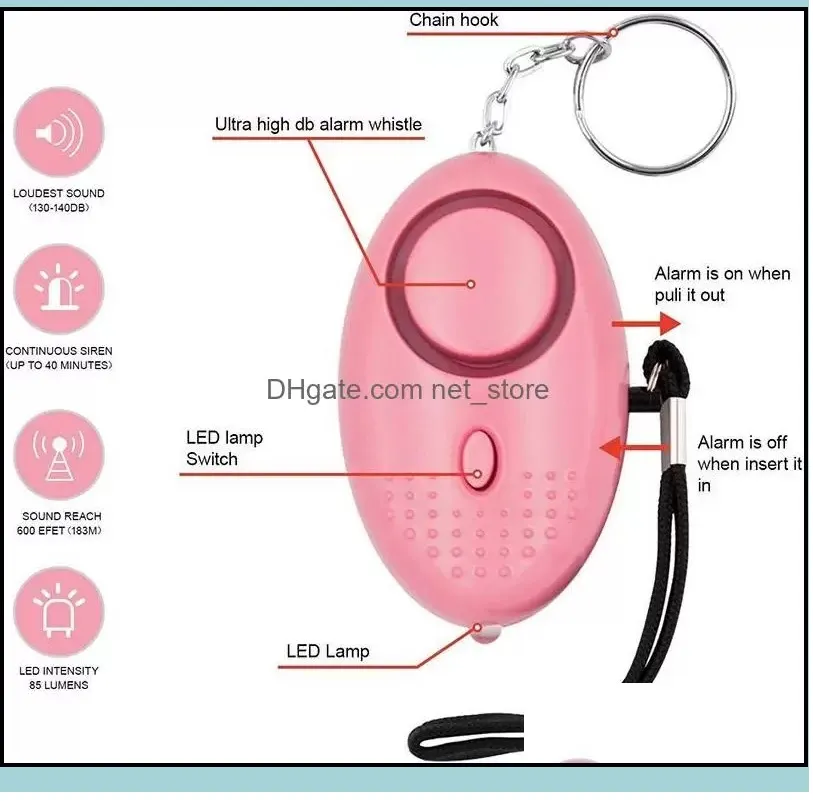 Alarmes pessoais 130dB EMPLOTE DE EMERGÊNCIA DE EMERENCE ALARME DE SEGURMA DE DEFENDA PARA MENINAS MULHERES idosos idosos protegem a segurança do alerta Scream Keychain alto com luz LED