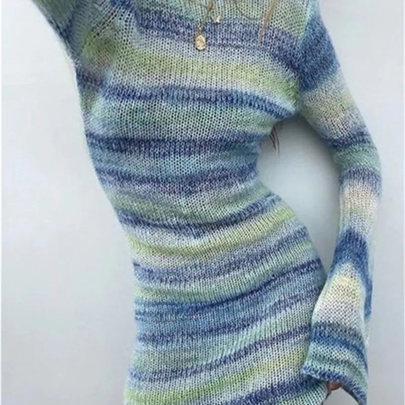 Nadafair Tie Dye Mini suéter de punto Dres manga larga otoño trajes Sexy espalda descubierta playa Bodycon vestido ropa de invierno 220727