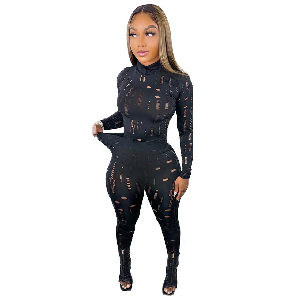 Frauen Sexy Zwei Stück Hosen Aushöhlen Bodycon Langarm High Neck Top Jogger Hosen Trainingsanzüge Outfits Set