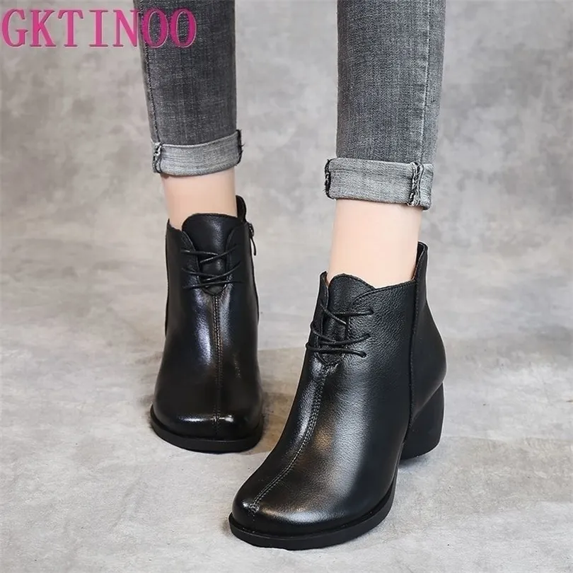 Gktinoo primavera outono feminino botas genuínas saltos grossos de salto tornozelo para mulheres sapatos retro zipper de zíper curto 201103