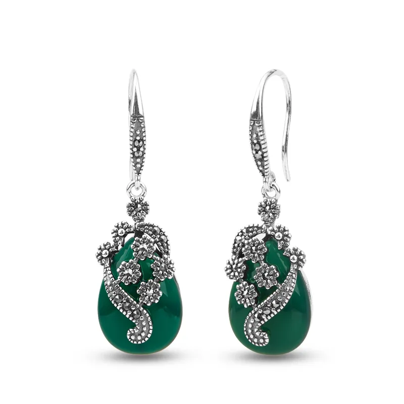 Orecchini pendenti in argento sterling 925 con fiore in pietra di agata verde marcasite