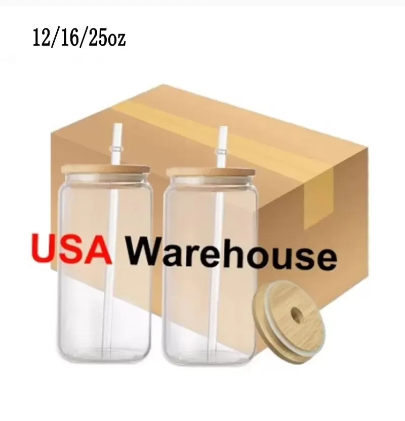 US Warehouse 16oz sublimering Glasmuggar Glasvattenflaska ￖl kan tumlare dricka glas med bambu lock och ￥teranv￤ndbart halm iskaffe 0106