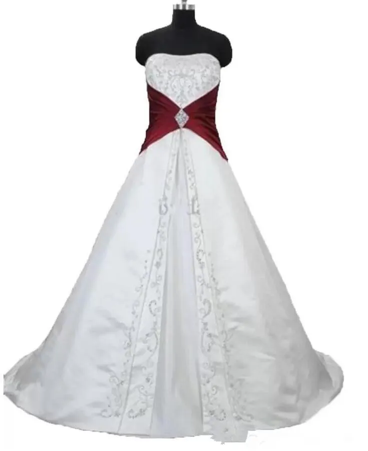 Vit och Burgundy Broderi Bröllopsklänningar Lace-up Corset Gothic Sweep Train Strapless Satin Bridal Gowns Vestido de Novia