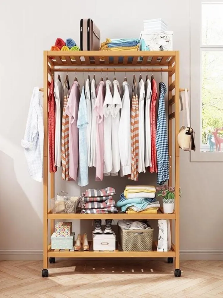 Heavy Duty Bamboo Garment Clothes Hanging Rack Organizer with Shelf Shoe Shelves