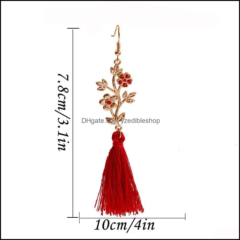 Retro Ethnic Fashion Long Earrings Gold Color Alloy Luxury Zircon Inlaid Flower Pendant Red Cotton Silk Tassel Earrings Jewelry