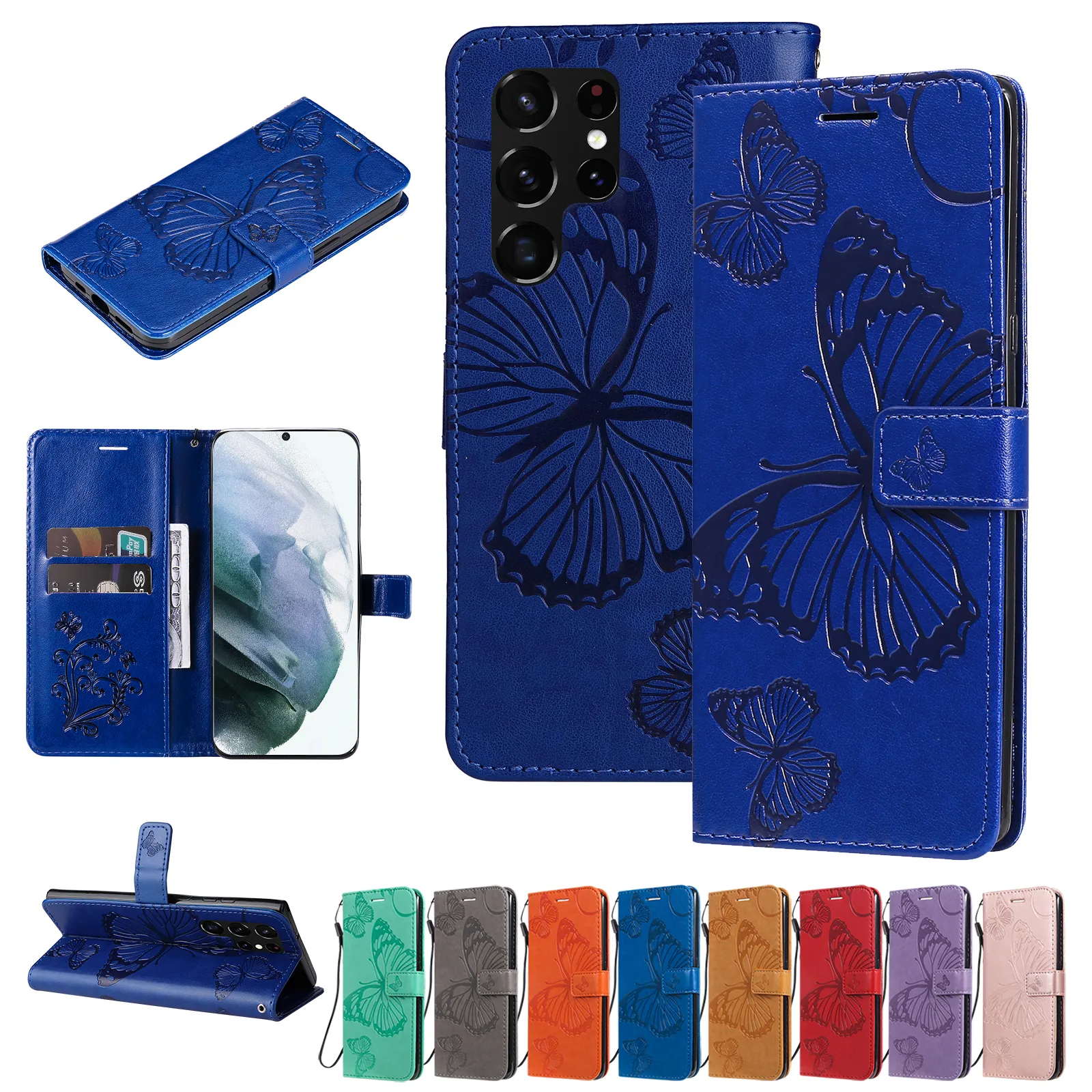 Étuis portefeuille à rabat papillon en cuir PU en relief pour Samsung Galaxy S22 Ultra S21 FE S20 Note 20 Note10, fentes pour cartes, support de téléphone avec lanière